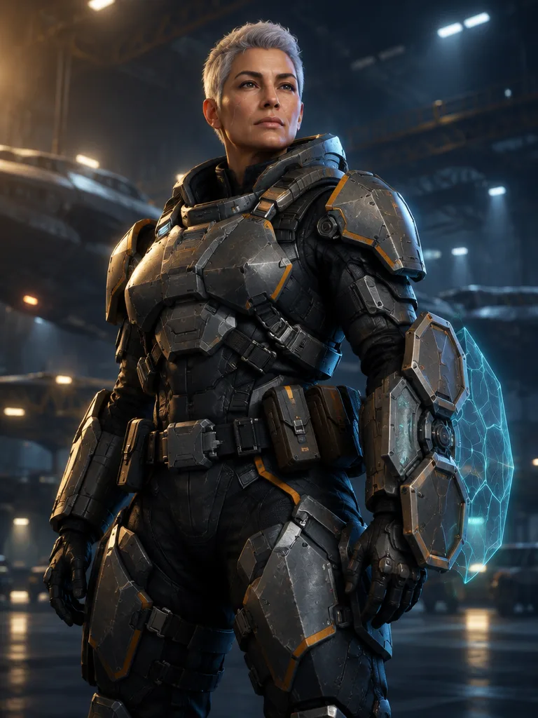Kru Bulwark, perempuan berambut abu pendek dengan exosuit berat dan generator perisai heksagonal di lengan