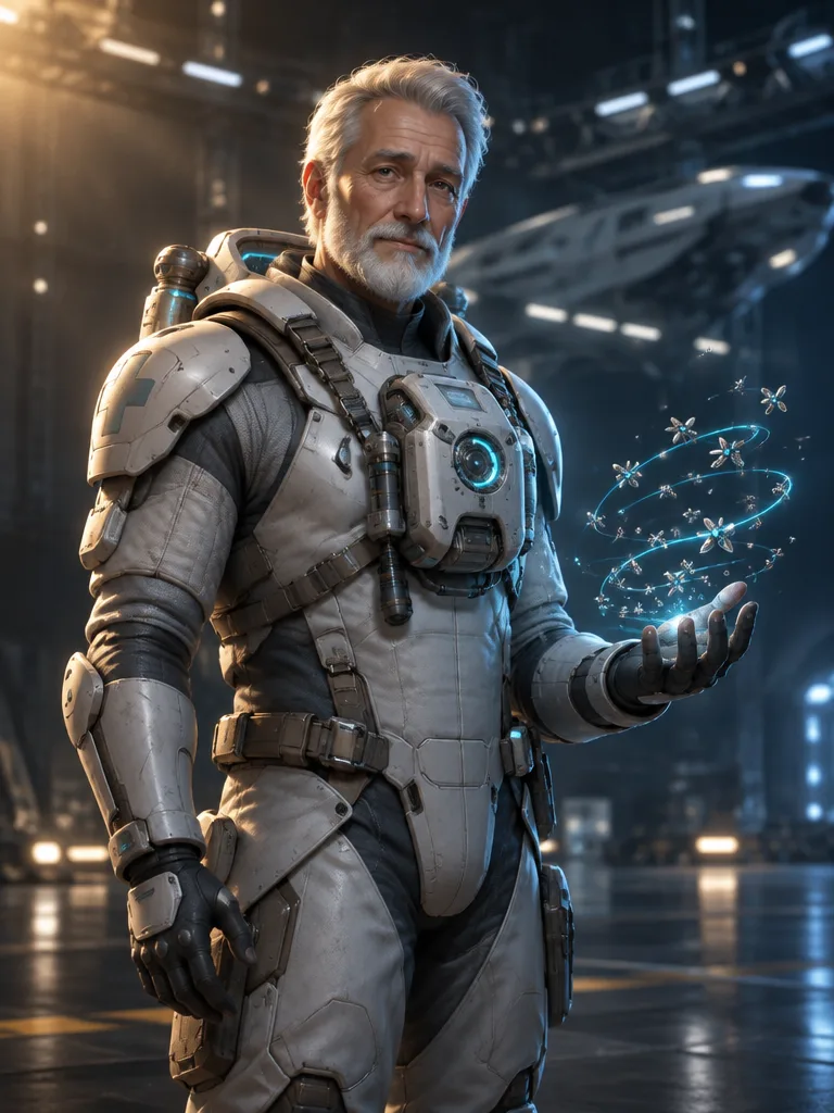Kru Mender, laki-laki tua berjanggut putih dengan exosuit medis perak dan kawanan nanite di telapak tangannya