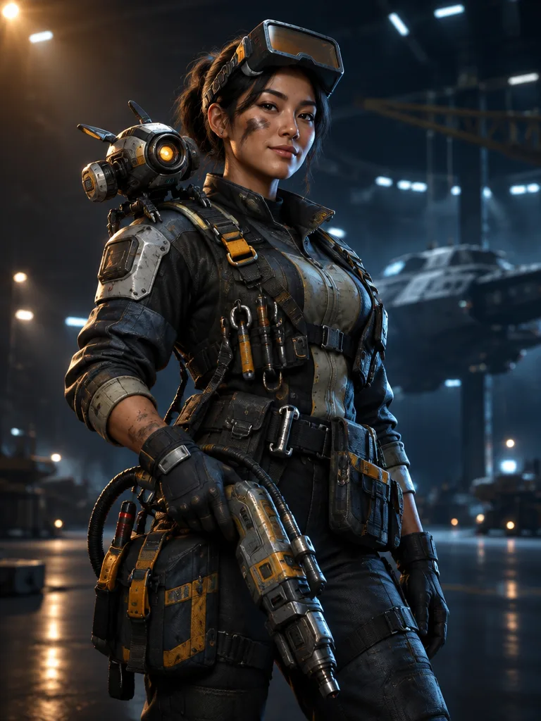 Kru Rigger, perempuan dengan visor las di kepala, drone kecil di bahu, dan alat multifungsi berat